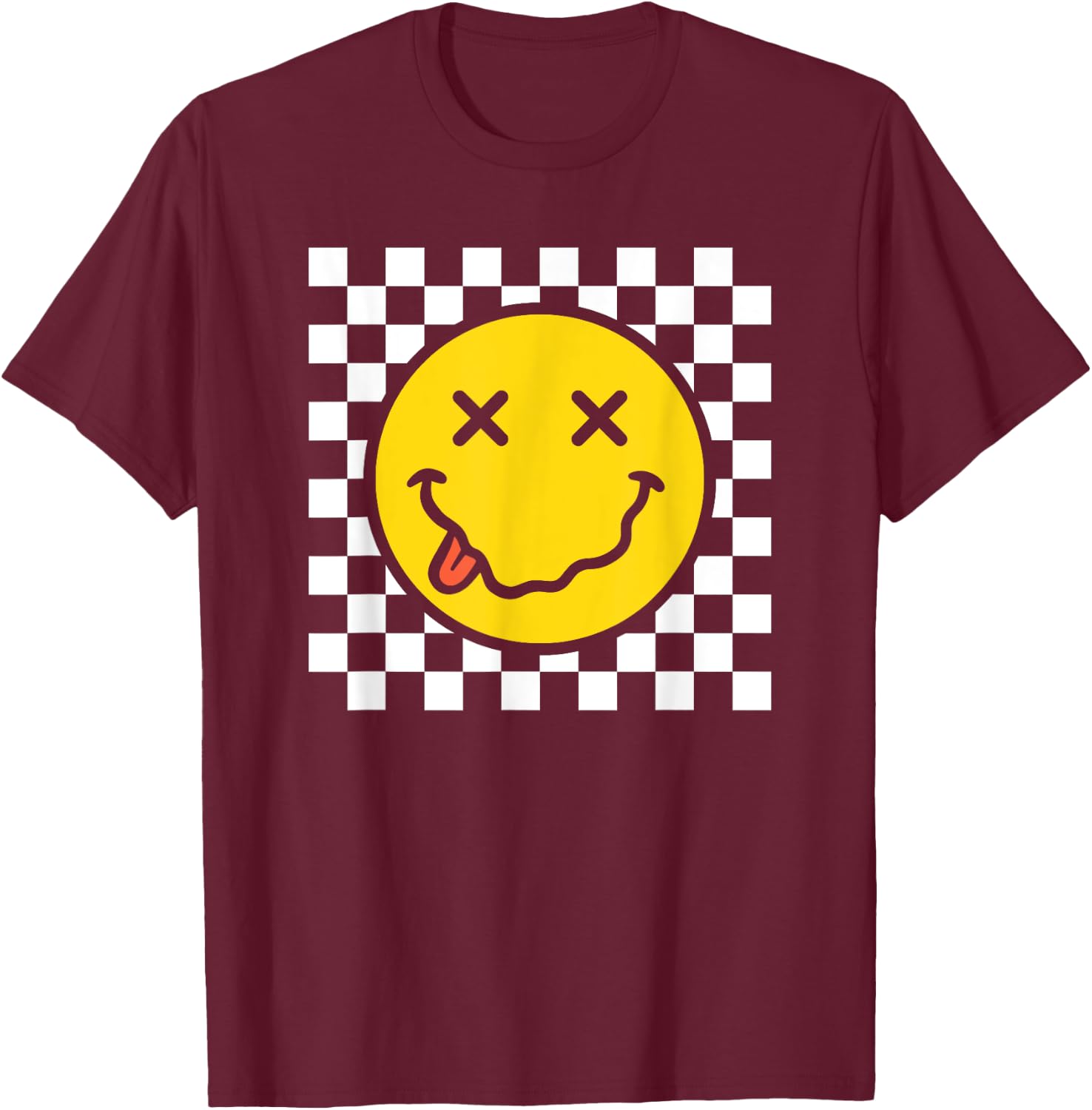 70s Yellow Smile Face Funny Tongue Out Checkered Happy Face T-Shirt - T-Shirt | Maroon