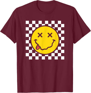 70s Yellow Smile Face Funny Tongue Out Checkered Happy Face T-Shirt - T-Shirt | Maroon