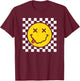 70s Yellow Smile Face Funny Tongue Out Checkered Happy Face T-Shirt - T-Shirt | Maroon