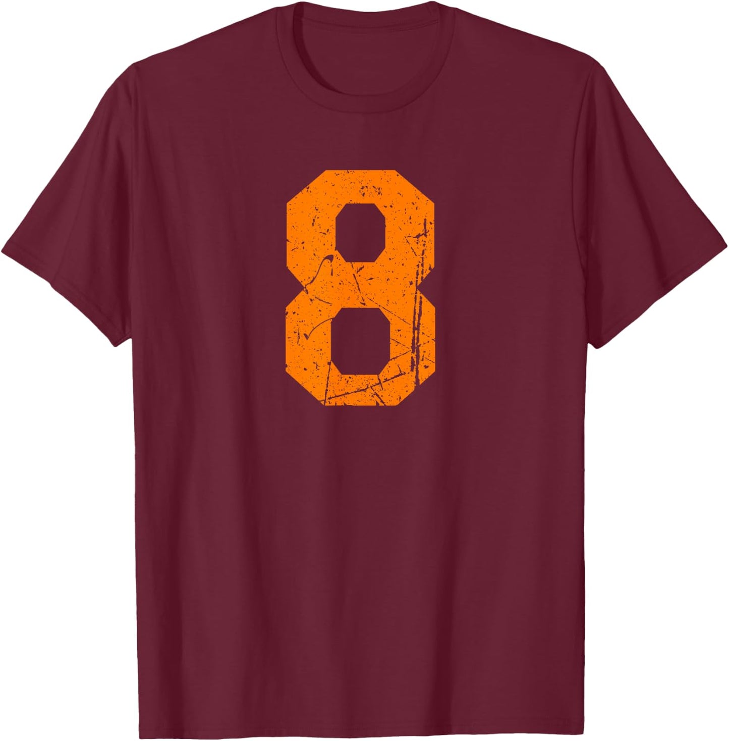 Number #8 Orange Distressed Sport Number T-Shirt - T-Shirt | Maroon
