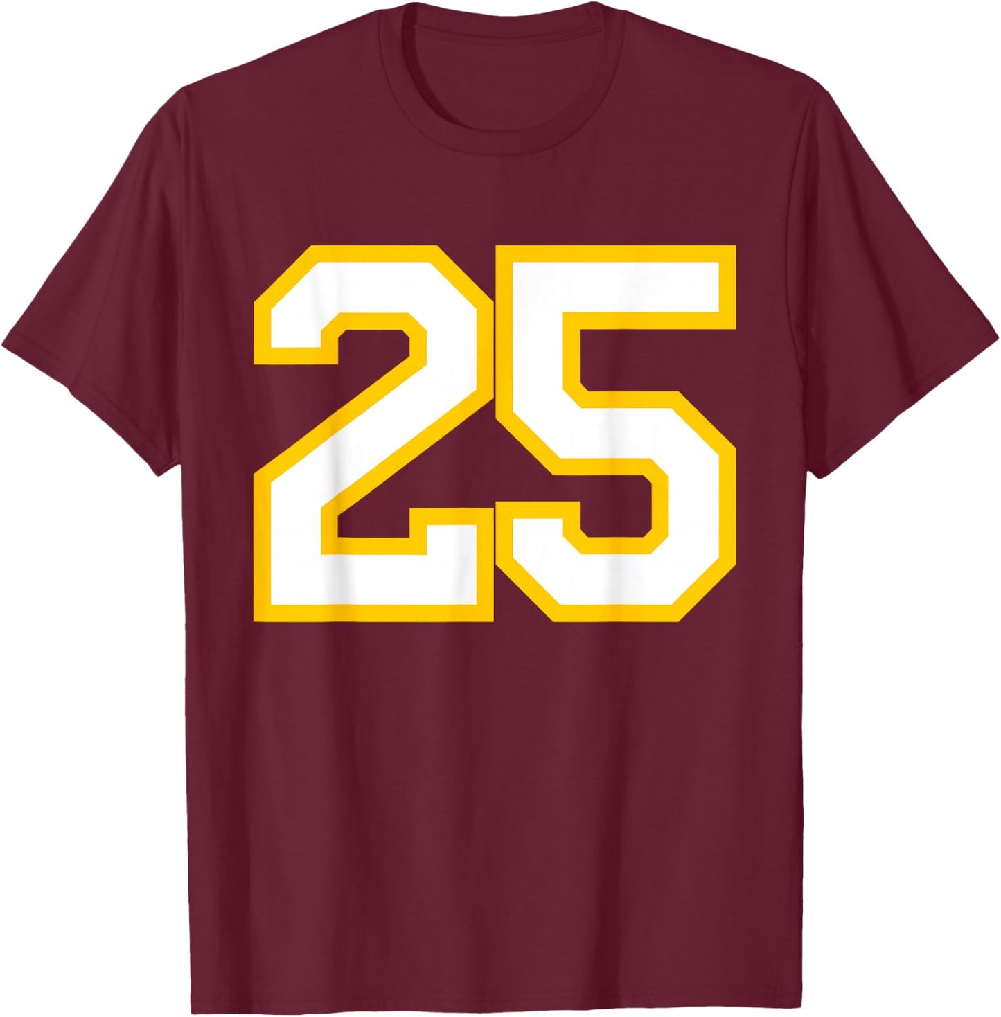 Number #25 Yellow/White Sports Number T-Shirt - T-Shirt | Maroon
