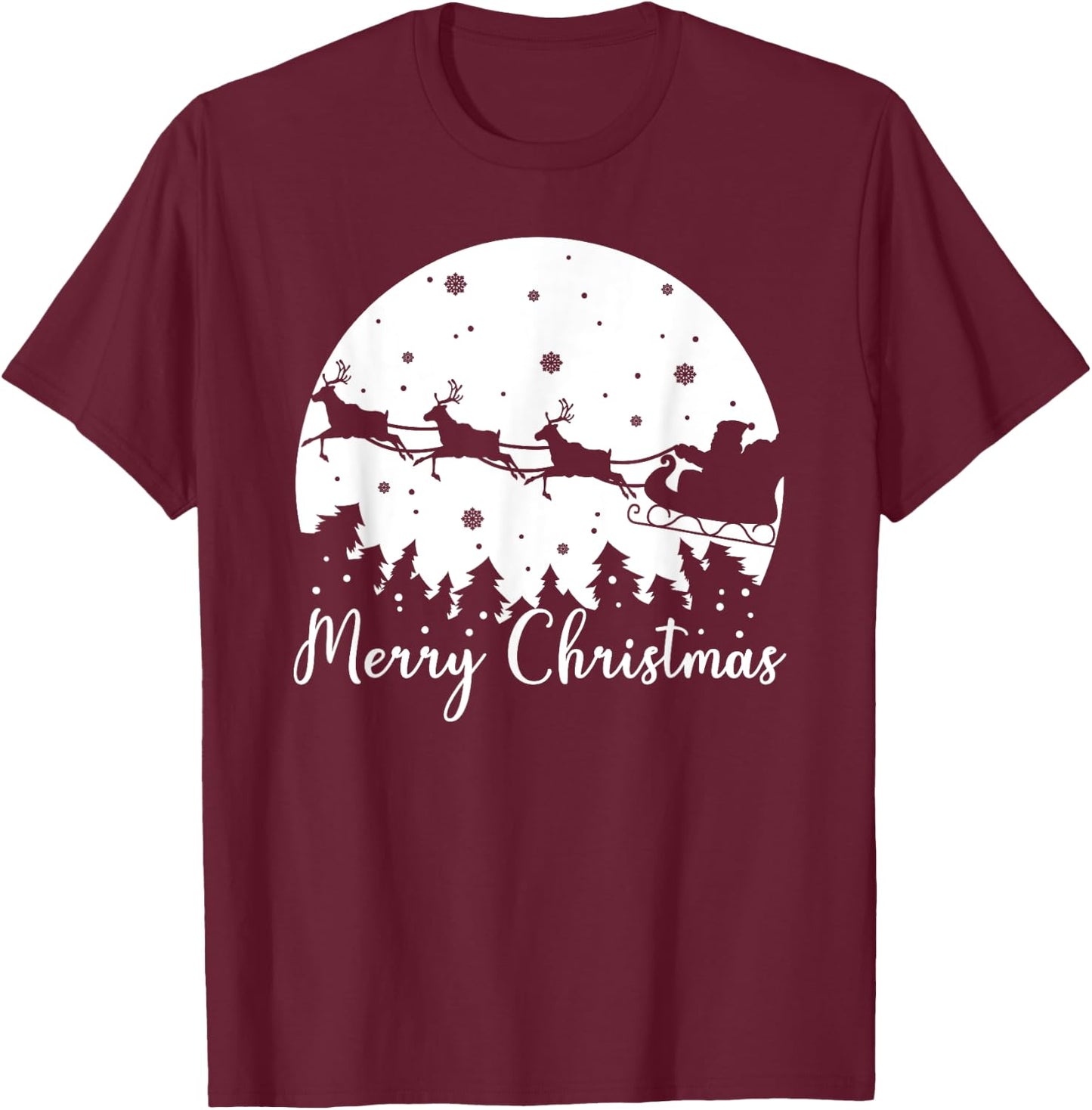 Merry Christmas, Men Women Kids, Santa Sleigh Reindeer T-Shirt - T-Shirt | Maroon