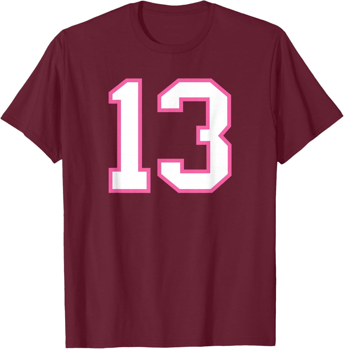 Number #13 Pink Sports Team Varsity Number T-Shirt - T-Shirt | Maroon