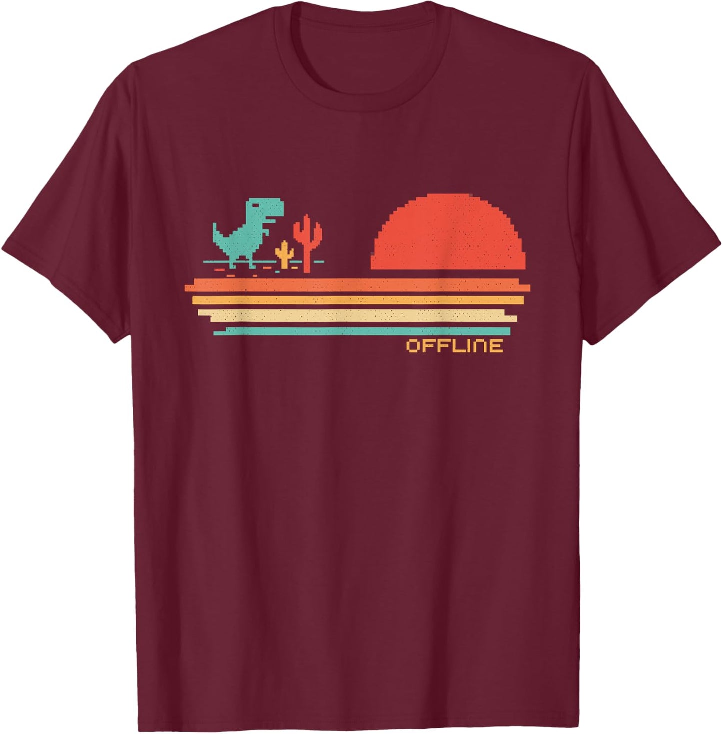 Offline Scare - Pixel Dinosaur / Retro - No Wifi Lost Dino T-Shirt - T-Shirt | Maroon