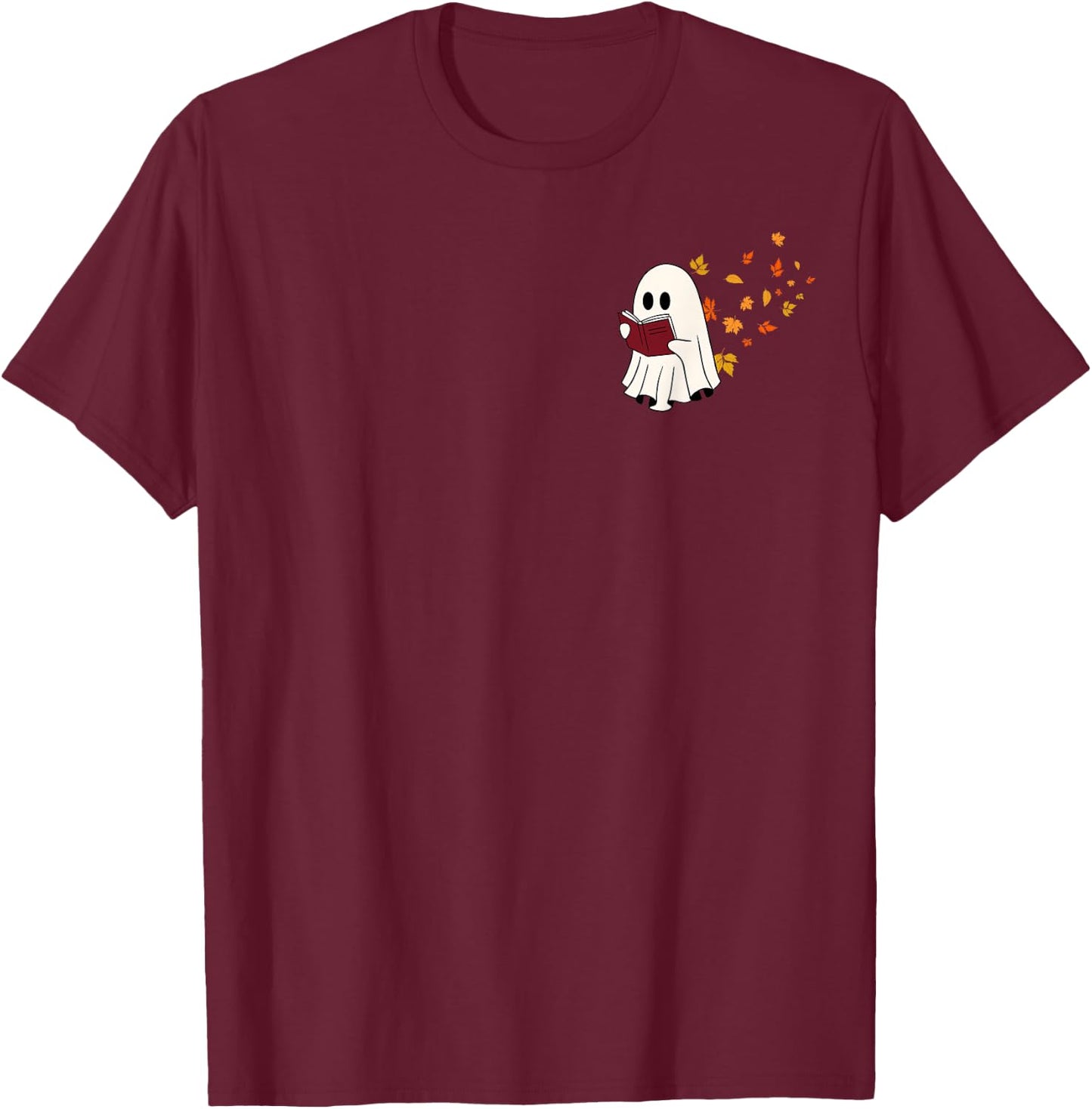 Cute Little Ghost Reading Book Under Fall Leaves Women Men T-Shirt - T-Shirt | Maroon
