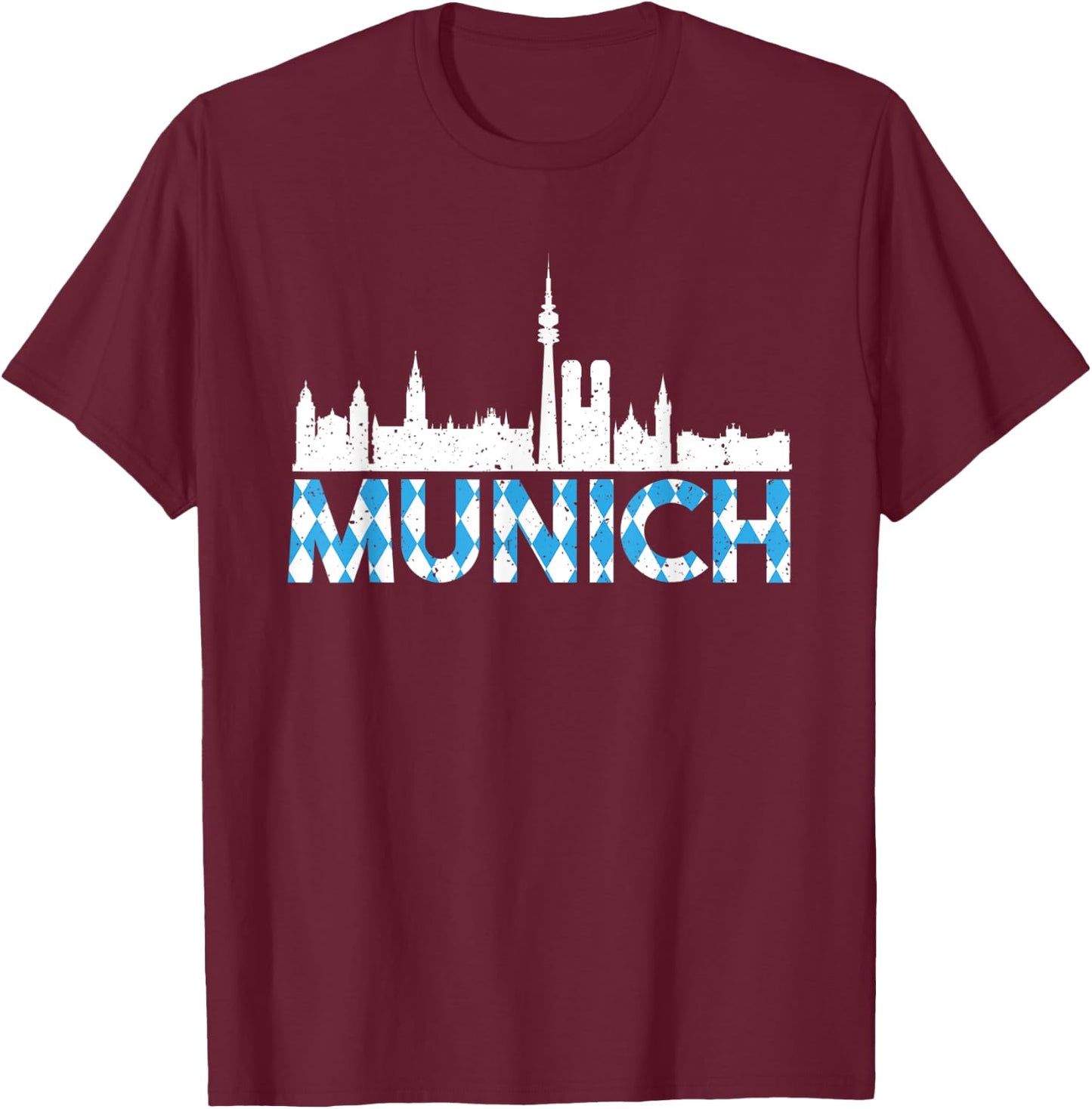 Vintage Munich Germany Skyline With Traditional Bavaria Flag T-Shirt - T-Shirt | Maroon