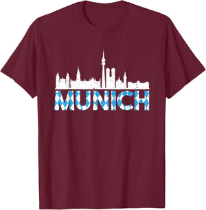 Vintage Munich Germany Skyline With Traditional Bavaria Flag T-Shirt - T-Shirt | Maroon