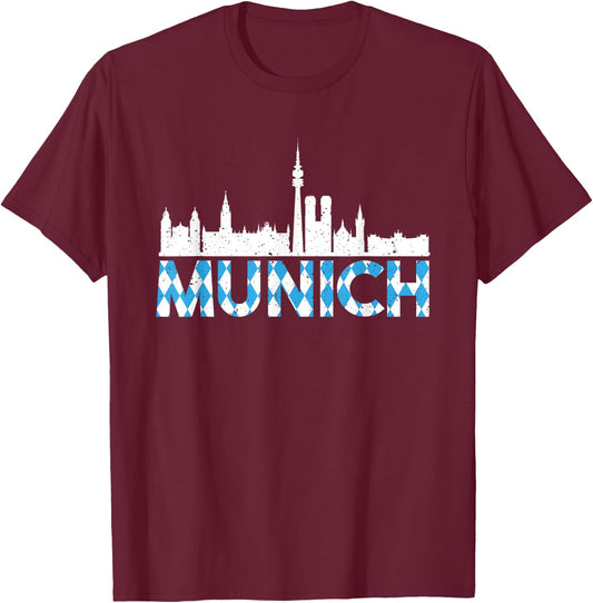 Vintage Munich Germany Skyline With Traditional Bavaria Flag T-Shirt - T-Shirt | Maroon