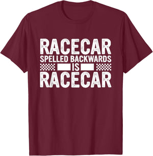 Racecar Spelled Backwards Mechanic Funny Car Racing Saying T-Shirt - T-Shirt | Maroon