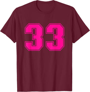 Number #33 Pink Sports Fan Jersey Number T-Shirt - T-Shirt | Maroon