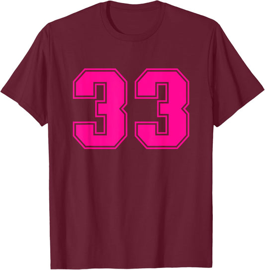 Number #33 Pink Sports Fan Jersey Number T-Shirt - T-Shirt | Maroon