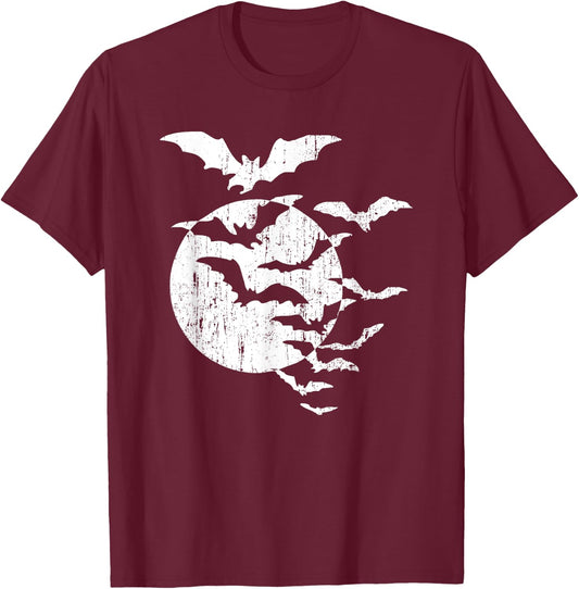 Halloween Swarm of Bats Full Moon Spooky Vintage Graphic T-Shirt - T-Shirt | Maroon