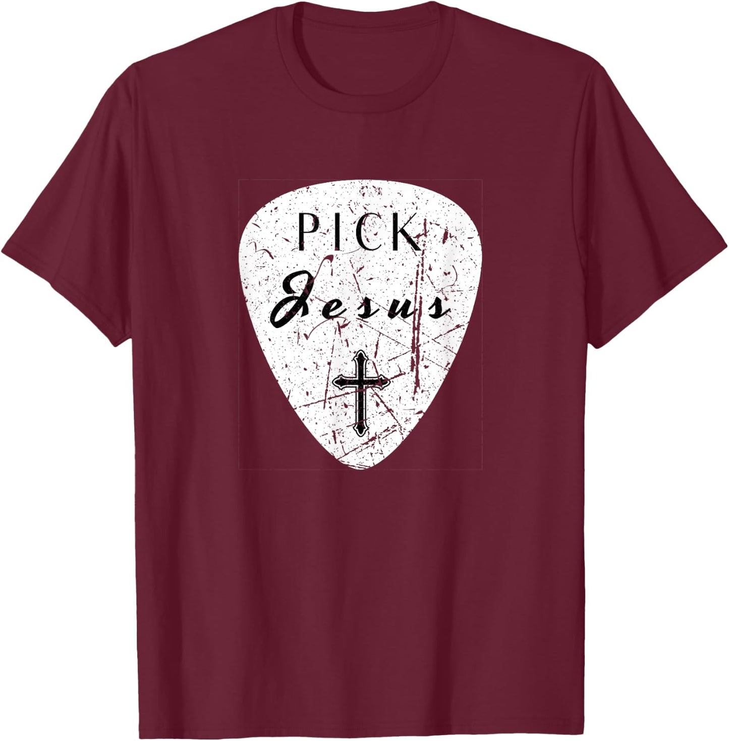 Retro Guitar Pick Pun Pick Jesus Cross Worship Leader Music T-Shirt - T-Shirt | Maroon