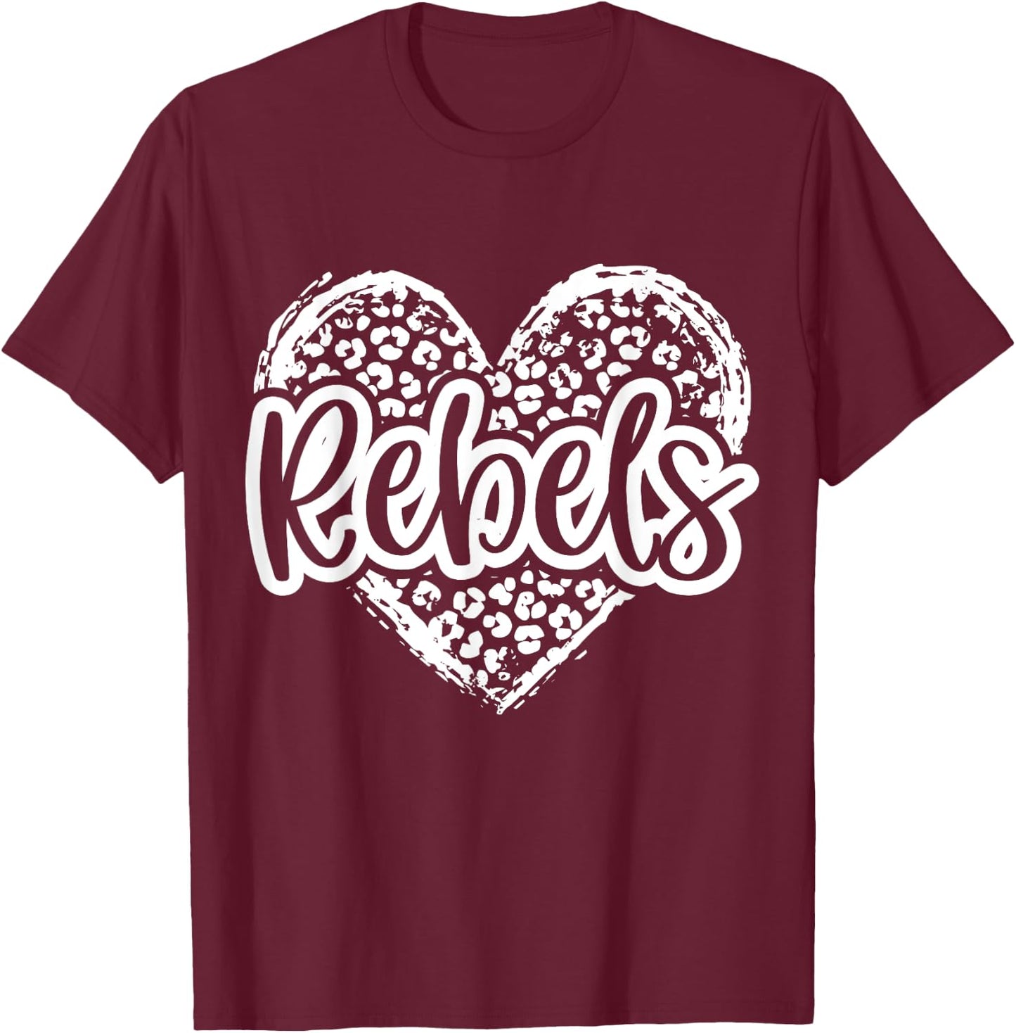 Leopard Cheetah Heart REBELS School Spirit Top Distressed T-Shirt - T-Shirt | Maroon