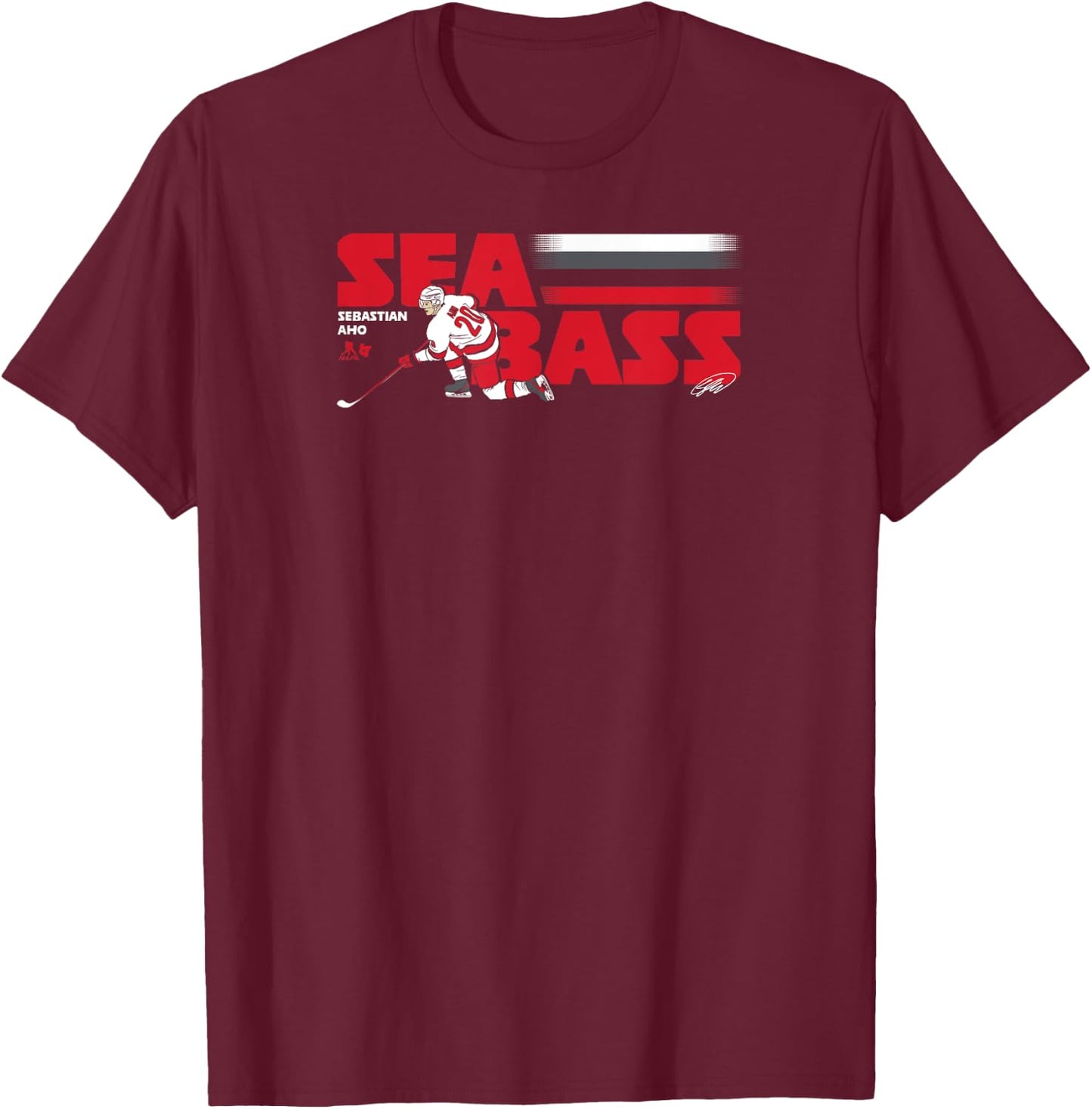 Sebastian Aho: Sea Bass - Carolina Hockey T-Shirt - T-Shirt | Maroon