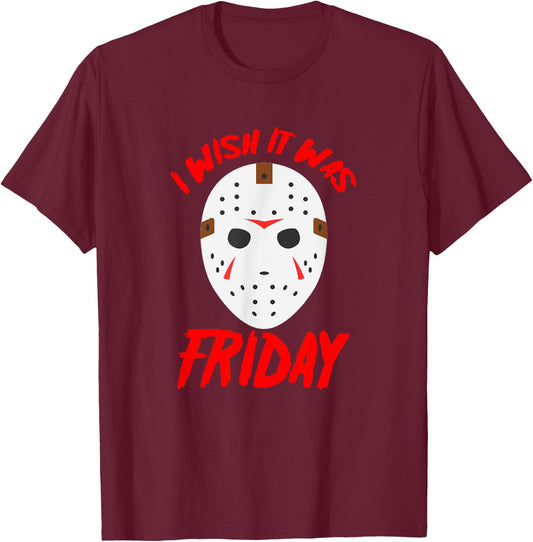 Halloween I Wish It Was Friday - Scary Hockey Mask T-Shirt - T-Shirt | Maroon