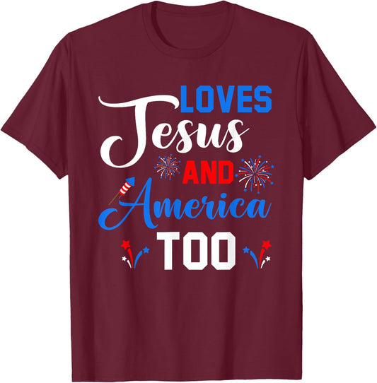Loves Jesus And America Too Fireworks Christian T-Shirt - T-Shirt | Maroon