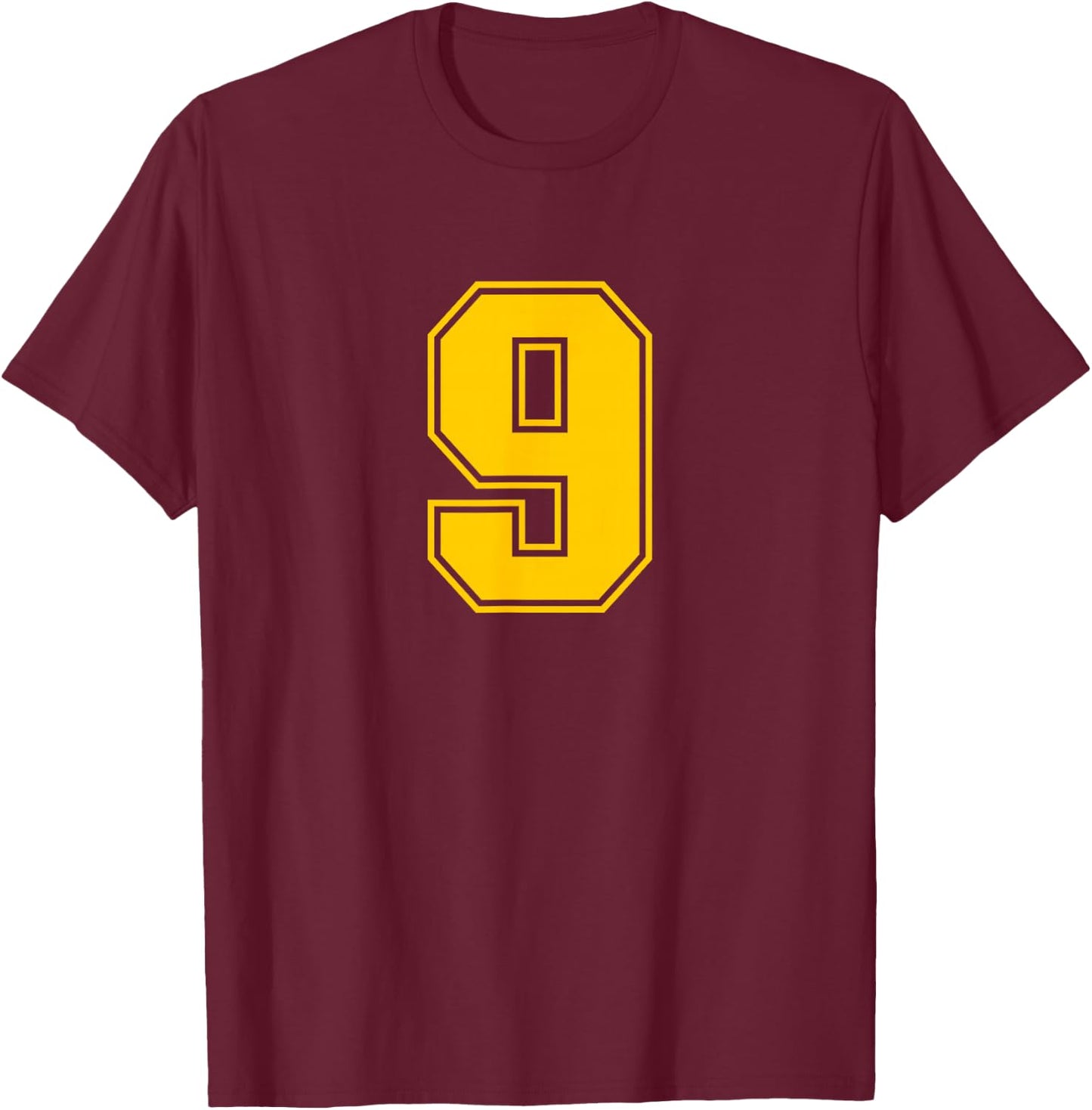Number #9 Sport Yellow Varsity Number T-Shirt - T-Shirt | Maroon