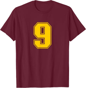 Number #9 Sport Yellow Varsity Number T-Shirt - T-Shirt | Maroon