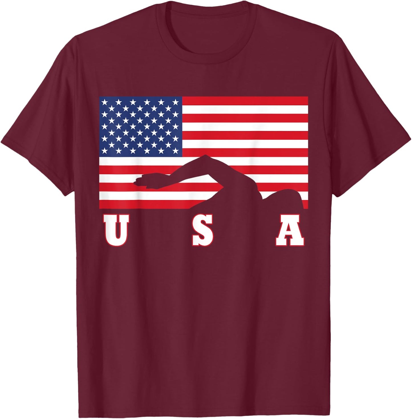 American Flag Swimming USA Gift T-Shirt - T-Shirt | Maroon