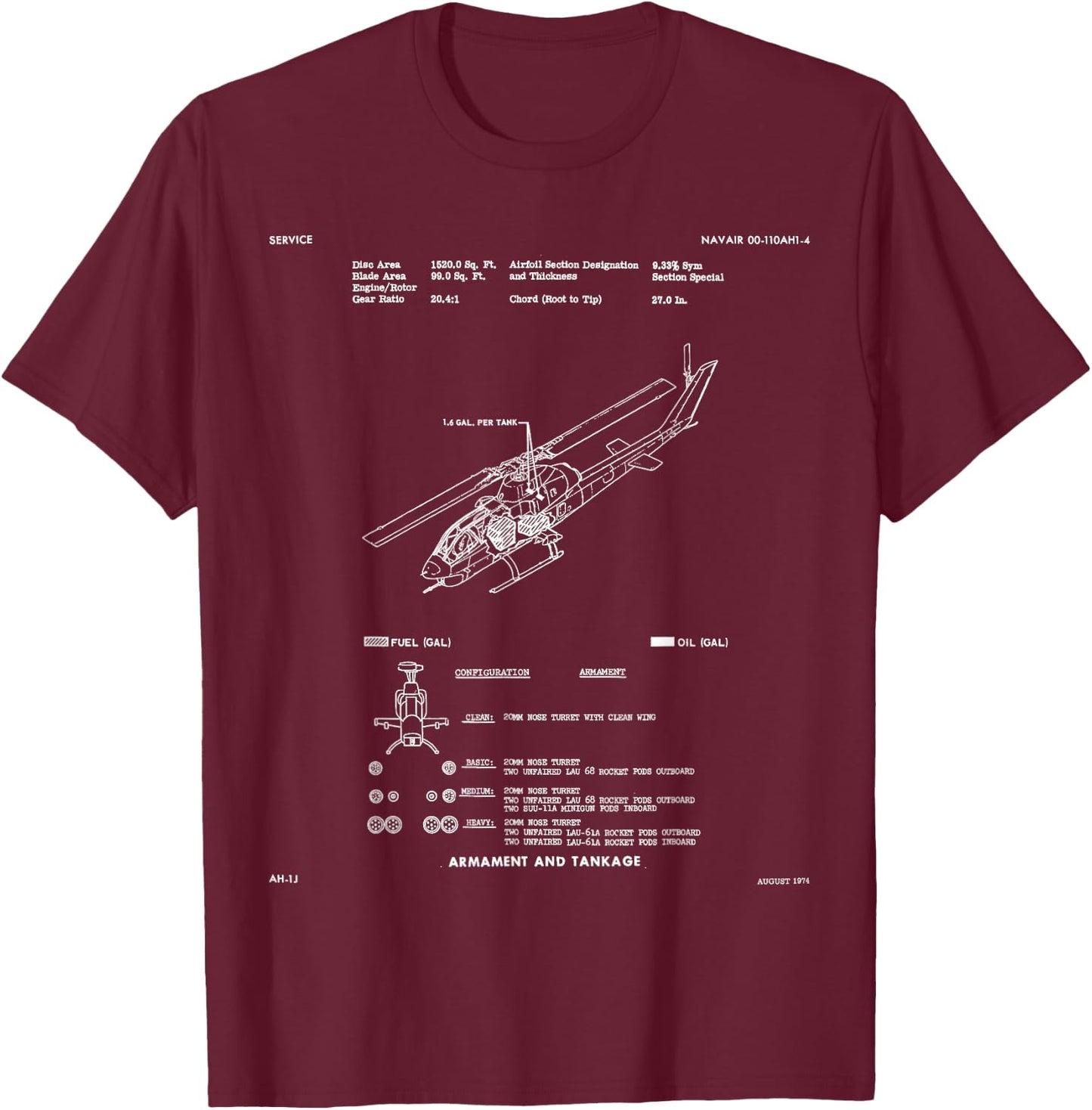 Huey Twin Cobra AH-1J Military Helicopter Engineering Plan T-Shirt - T-Shirt | Maroon