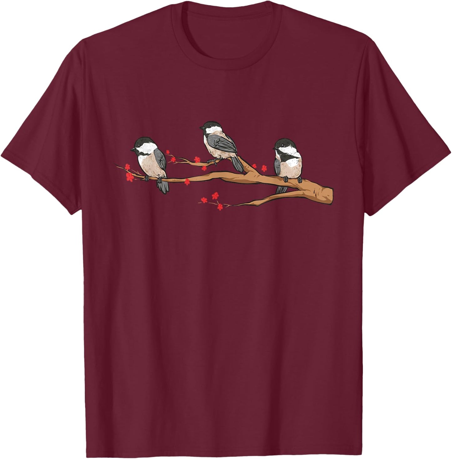 Chickadee Bird Chickadees On Branch Birding T-Shirt - T-Shirt | Maroon