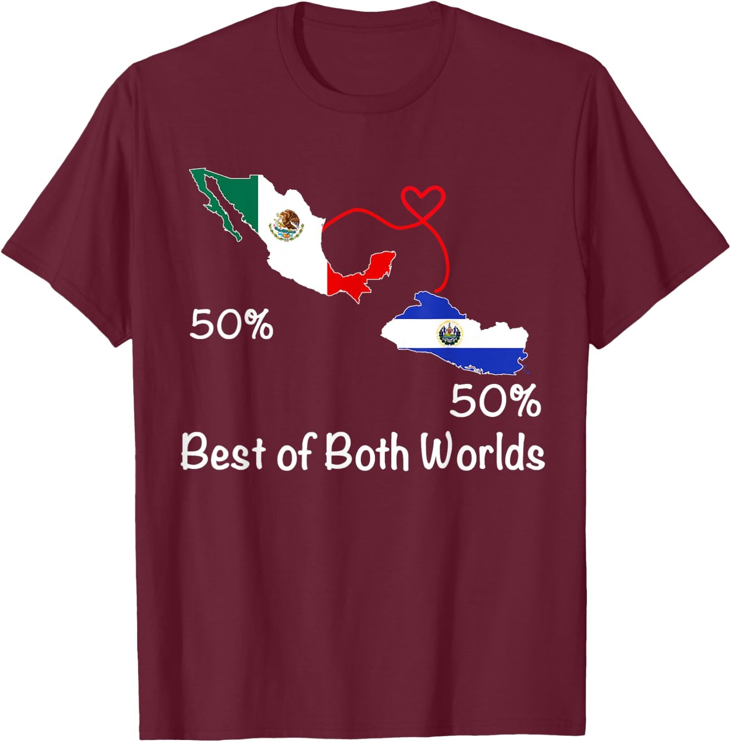 Half Salvadorian Half Mexican Flag Map Salvador Mexico T-Shirt - T-Shirt | Maroon