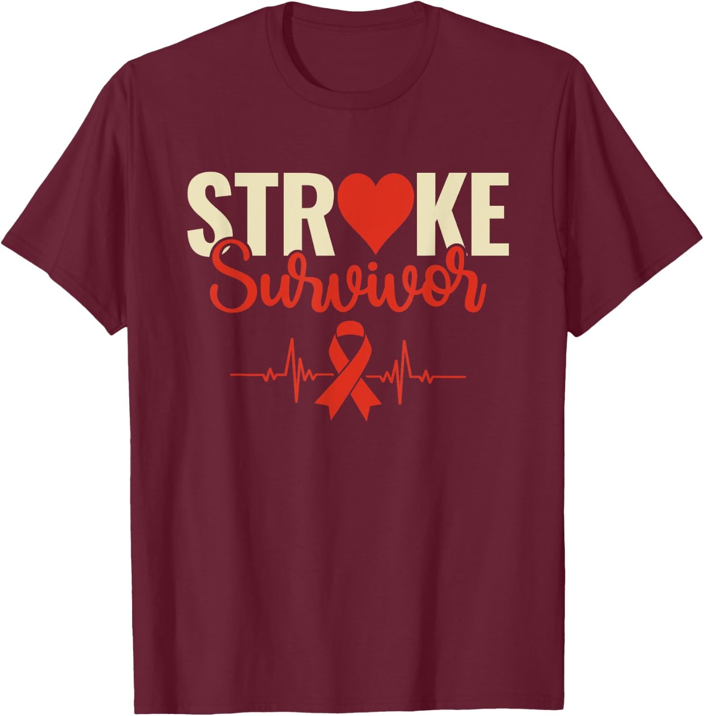 Stroke Survivor - Stroke Awareness Heart Red Ribbon T-Shirt - T-Shirt | Maroon