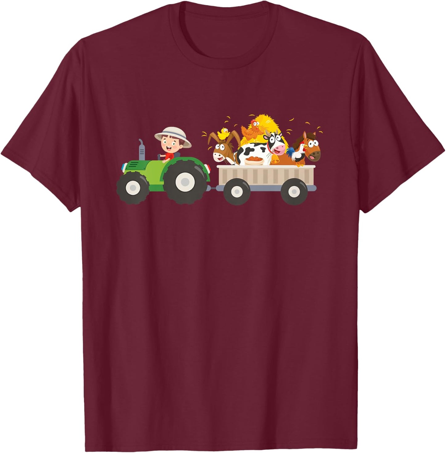 Kids Tractor Farm Farmers Animals Horse Cow Chicken Boys T-Shirt - T-Shirt | Maroon