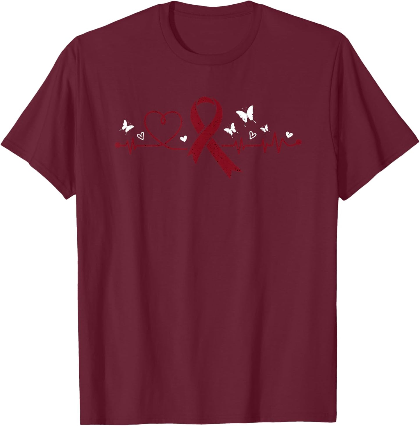 Multiple Myeloma Heartbeat Burgundy Ribbon Cancer Awareness T-Shirt - T-Shirt | Maroon