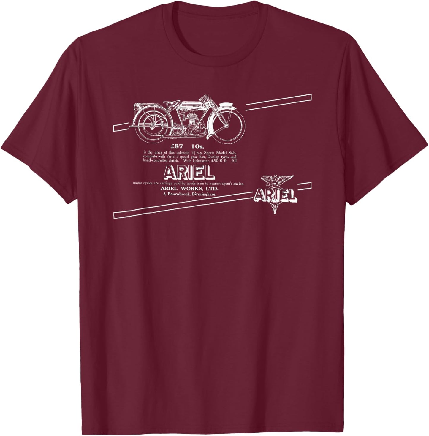 1922 Ariel Motorcycles Birmingham England T-Shirt - T-Shirt | Maroon