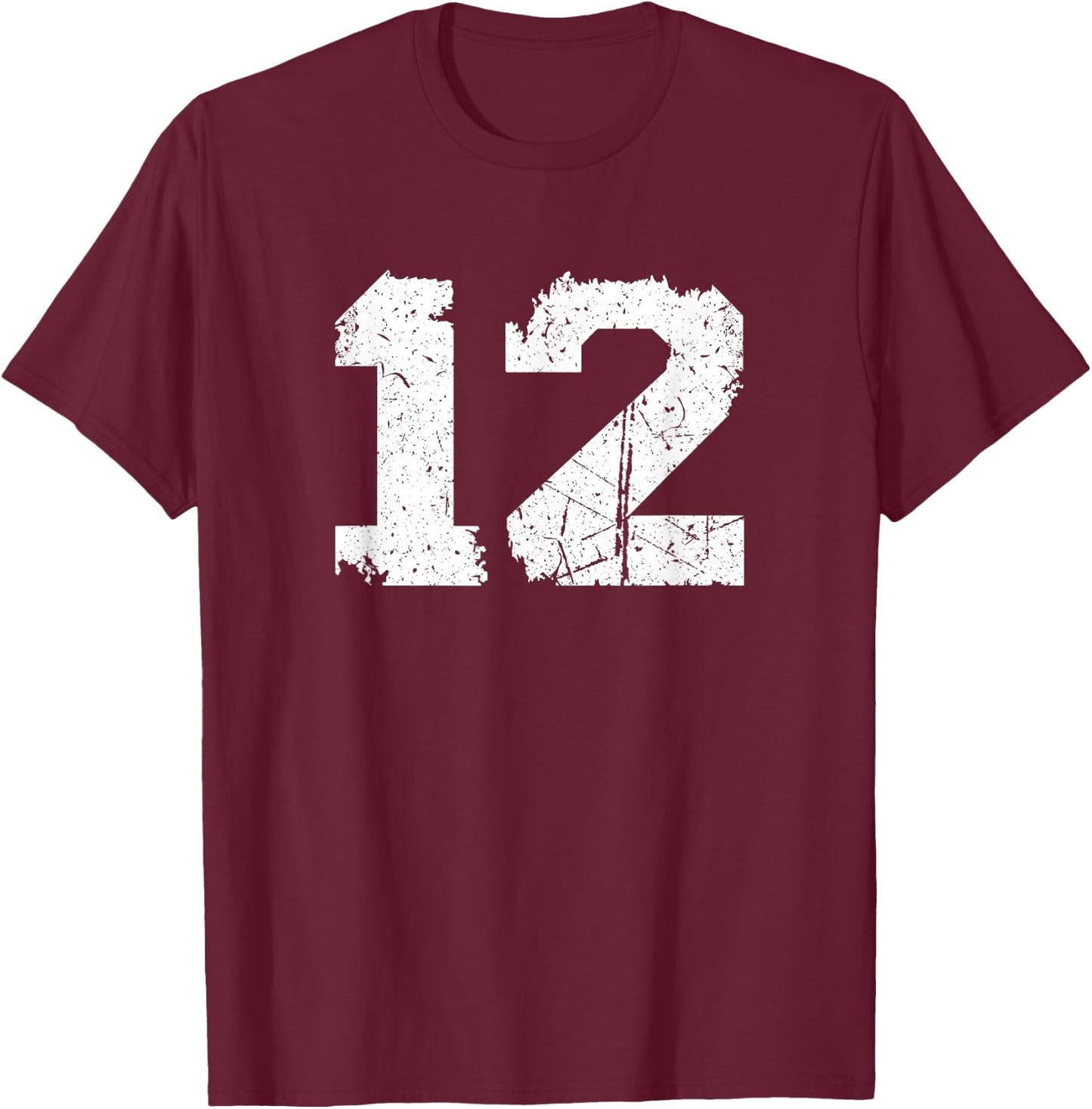 Number #12 Sports Jersey Vintage Torn White Lucky Number T-Shirt - T-Shirt | Maroon