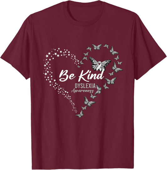 Butterfly Be Kind Gray Ribbon Dyslexia Awareness T-Shirt - T-Shirt | Maroon