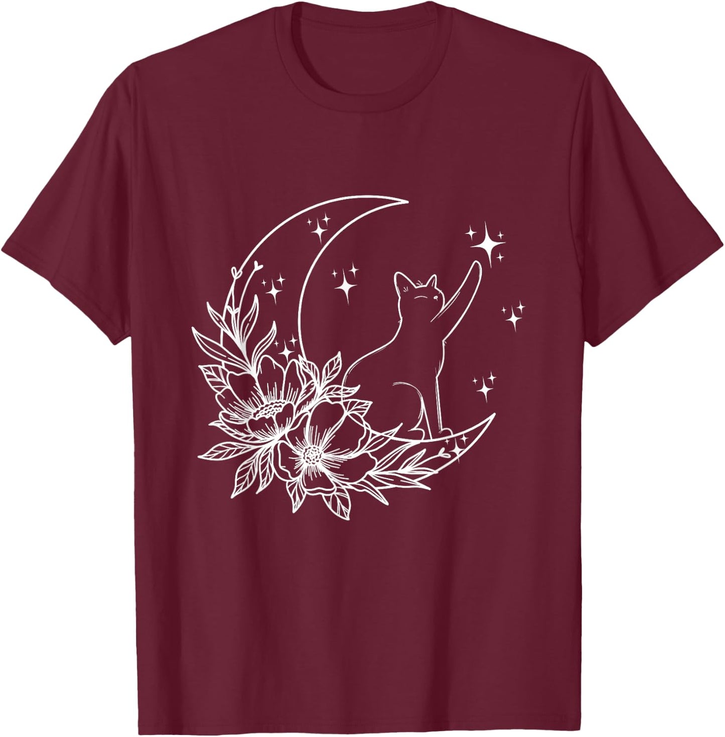 Crescent Moon Cat Star Mystical Celestial Women Girls Kids T-Shirt - T-Shirt | Maroon