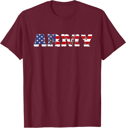 Army US Flag Pattern Distressed Font Rustic US Army US Flag T-Shirt - T-Shirt | Maroon