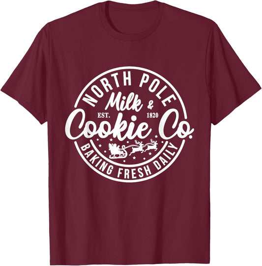 North Pole Milk And Cookie Co Funny Baking Christmas Costume T-Shirt - T-Shirt | Maroon