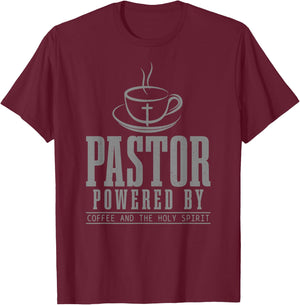 Pastor Powered By Holy Spirit & Coffee Funny Christian Faith T-Shirt - T-Shirt | Maroon