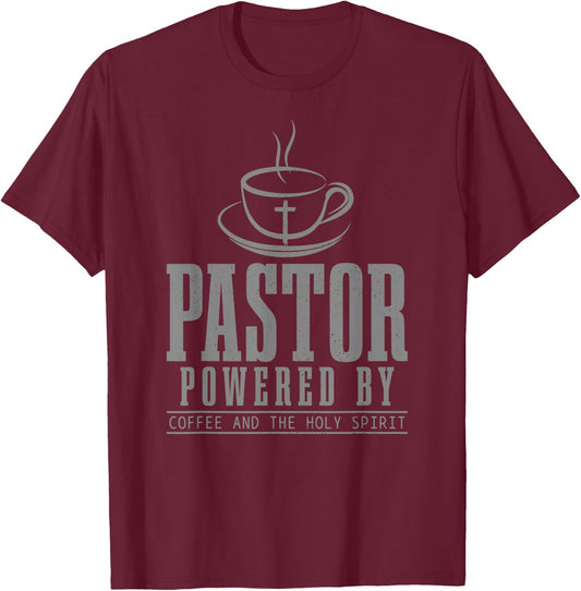 Pastor Powered By Holy Spirit & Coffee Funny Christian Faith T-Shirt - T-Shirt | Maroon