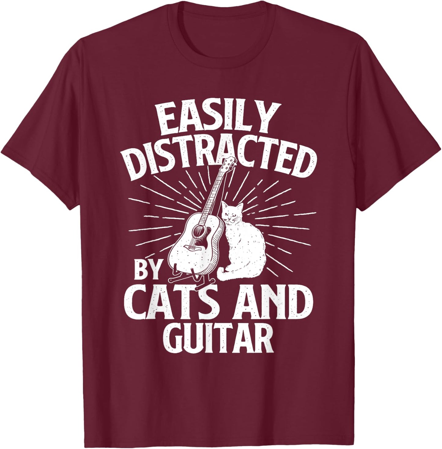 Easily Distracted By Cats And Guitar - Music Animal Lover T-Shirt - T-Shirt | Maroon