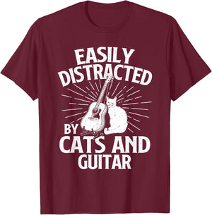 Easily Distracted By Cats And Guitar - Music Animal Lover T-Shirt - T-Shirt | Maroon
