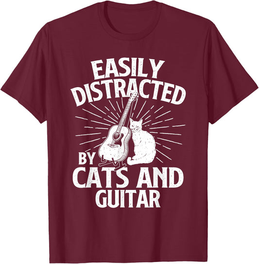 Easily Distracted By Cats And Guitar - Music Animal Lover T-Shirt - T-Shirt | Maroon