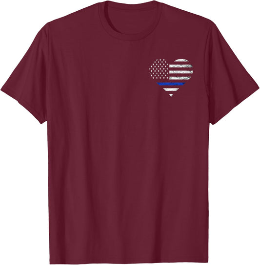 Police Officer Heart Flag American Thin Blue Line Deputy T-Shirt - T-Shirt | Maroon