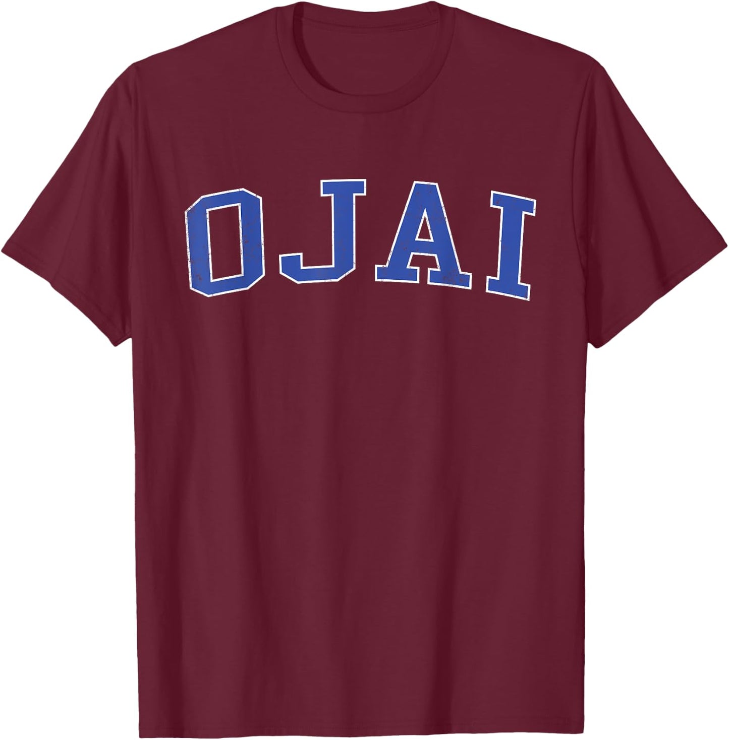 Vintage Ojai CA Distressed Blue Varsity Style T-Shirt - T-Shirt | Maroon