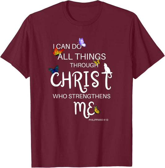 I Can Do All Things Through Christ Cat Religious Women Girls Kids T-Shirt - T-Shirt | Maroon