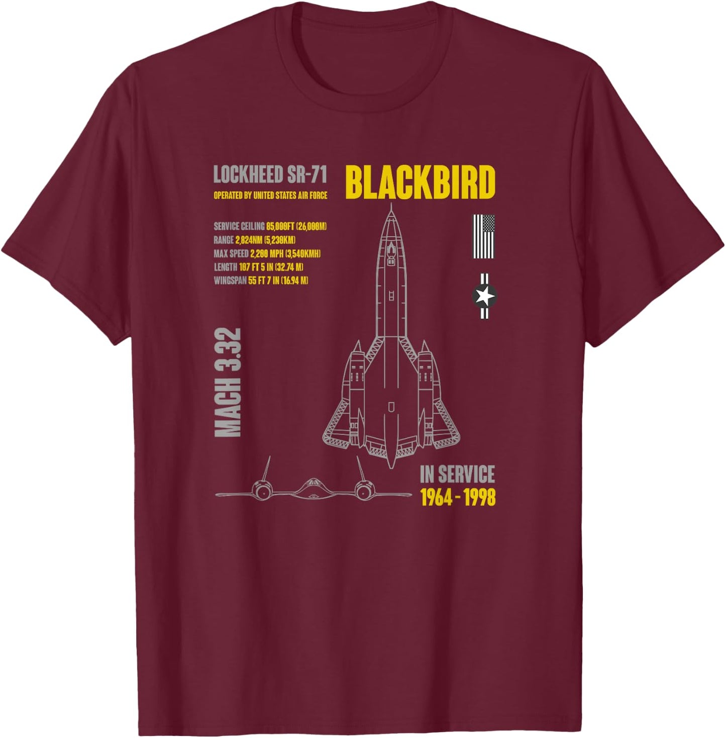 Military Aircraft Lockheed SR-71 Blackbird USAF T-Shirt - T-Shirt | Maroon