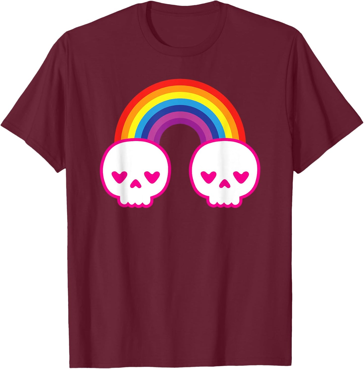 Colorful Kawaii Cute Rainbow Skulls with Heart Shape Eyes T-Shirt - T-Shirt | Maroon