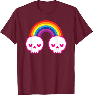 Colorful Kawaii Cute Rainbow Skulls with Heart Shape Eyes T-Shirt - T-Shirt | Maroon