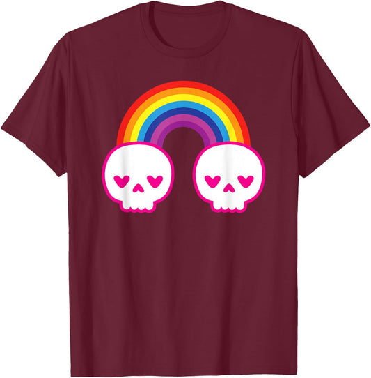 Colorful Kawaii Cute Rainbow Skulls with Heart Shape Eyes T-Shirt - T-Shirt | Maroon