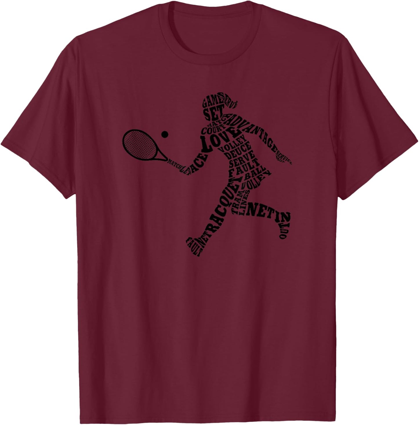 Female Tennis Player Typography Word Art T-Shirt - T-Shirt | Maroon