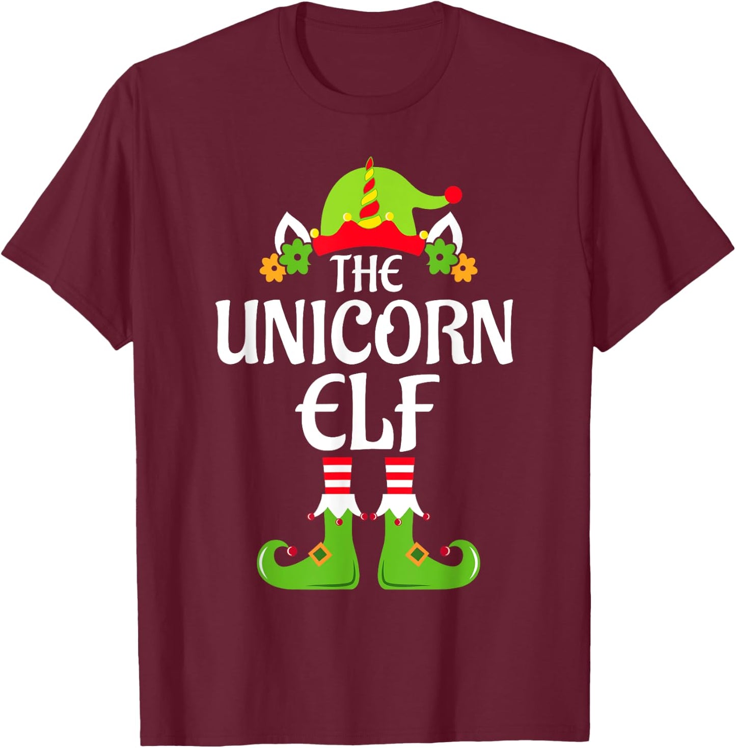 Unicorn Elf Matching Family Group Christmas Party Xmas Funny T-Shirt - T-Shirt | Maroon